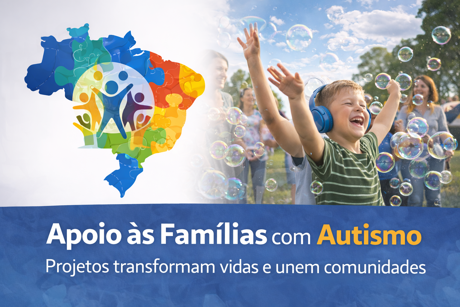 Criança autista sorridente com fones de ouvido brincando ao ar livre com bolhas de sabão e família ao fundo