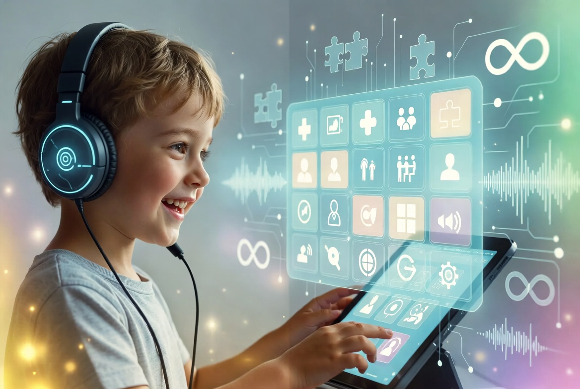 Criança autista sorridente usando fone de ouvido e tablet com interface de comunicação digital