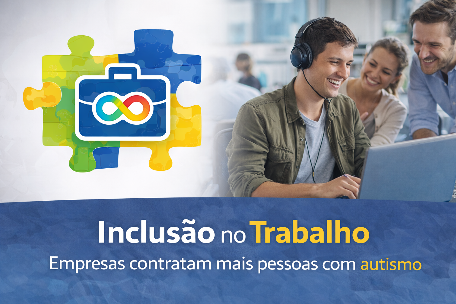 Jovem autista usando fone de ouvido trabalhando feliz em notebook com colegas ao fundo