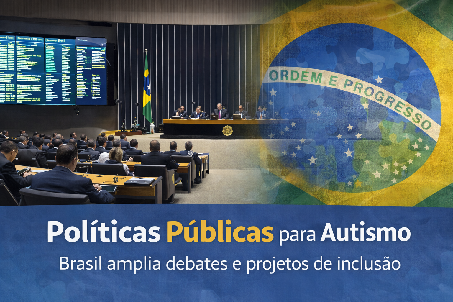 Sessão no Congresso Nacional com bandeira do Brasil discutindo políticas públicas para autismo