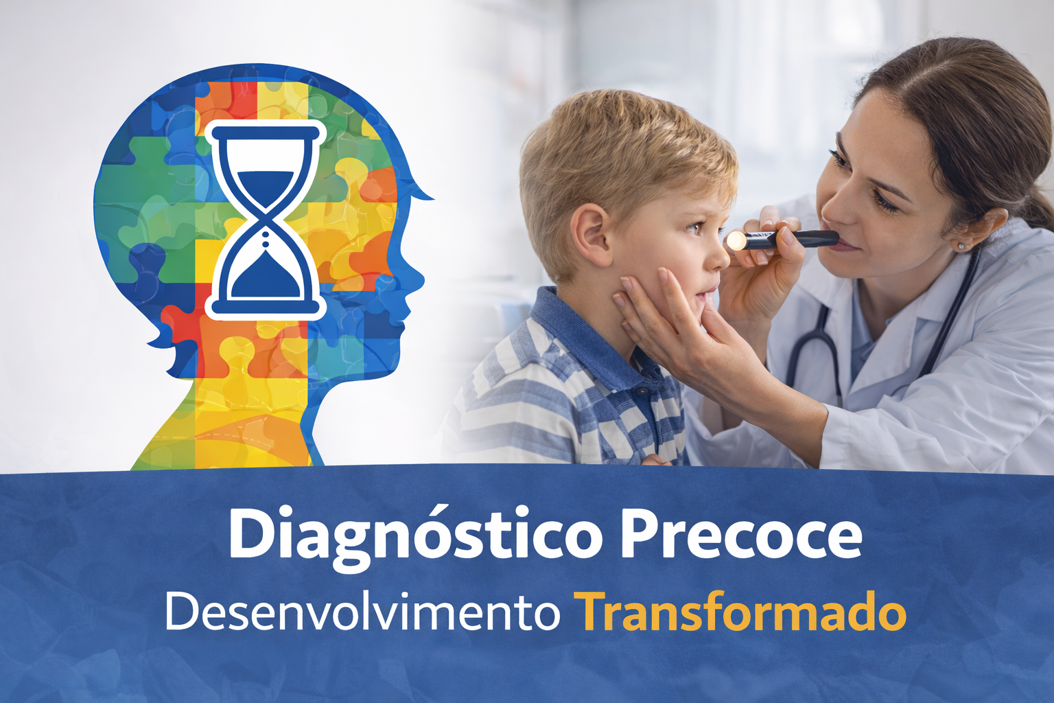 Médica examinando criança para diagnóstico precoce de autismo - símbolo do quebra-cabeça e ampulheta representando tempo